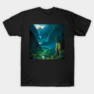 Overlook of a Lush, Misty, Green Temperate Rainforest Canyon T-Shirt